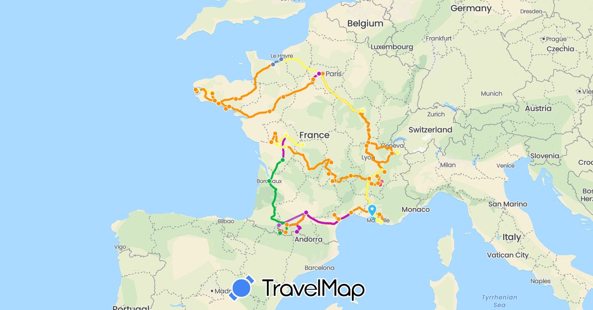 TravelMap itinerary: driving, bus, cycling, train, hiking, boat, hitchhiking, train, co-voiturage in France (Europe)