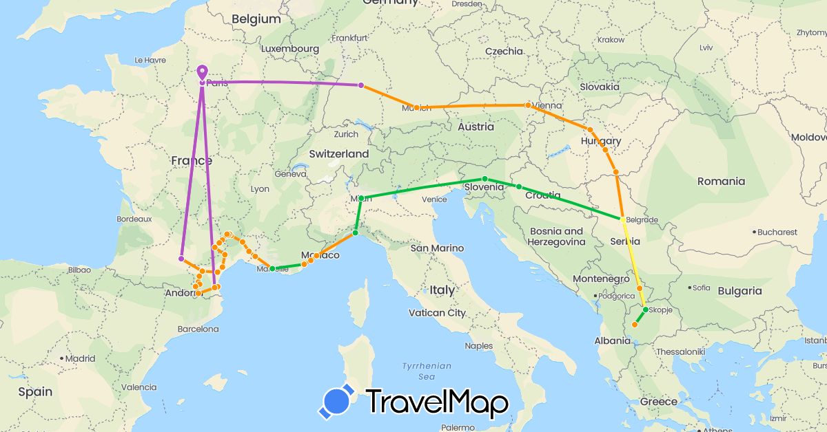 TravelMap itinerary: driving, bus, train, hitchhiking, co-voiturage in Austria, Germany, France, Croatia, Hungary, Italy, Macedonia, Serbia, Slovenia, Kosovo (Europe)