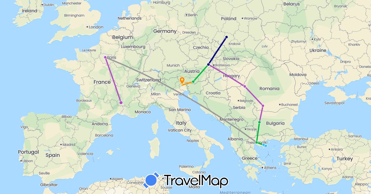 TravelMap itinerary: driving, bus, plane, train, boat, hitchhiking in Austria, Bulgaria, France, Greece, Italy, Poland, Romania (Europe)