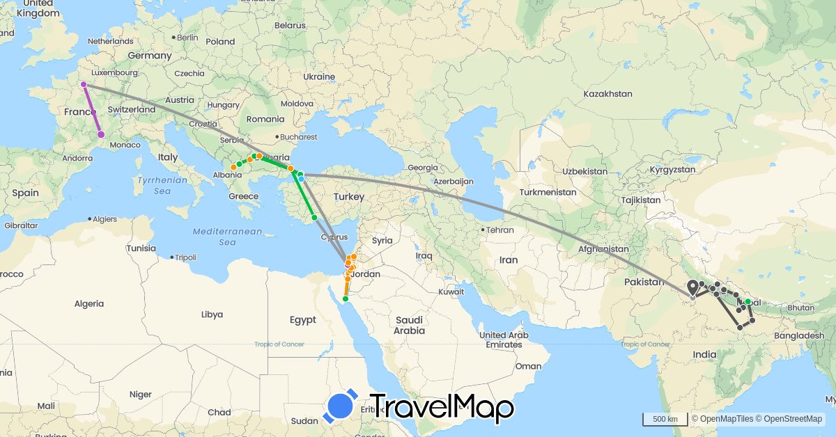 TravelMap itinerary: driving, bus, plane, train, boat, hitchhiking, motorbike in Bulgaria, Egypt, France, Israel, India, Macedonia, Nepal, Palestinian Territories, Turkey (Africa, Asia, Europe)