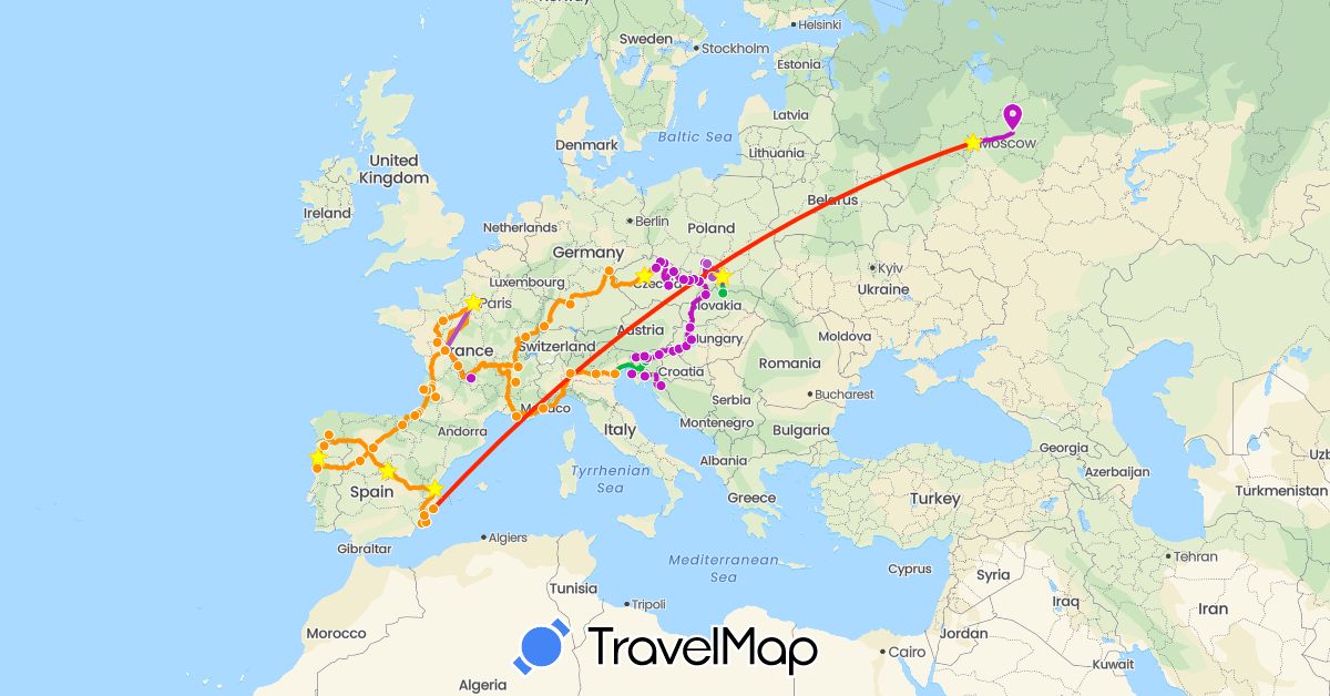 TravelMap itinerary: driving, bus, train, hitchhiking, train, avion in Czech Republic, Germany, Spain, France, Croatia, Hungary, Italy, Poland, Portugal, Russia, Slovenia, Slovakia (Europe)