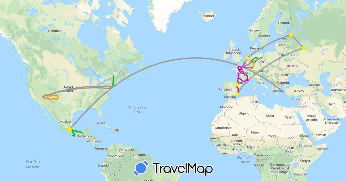 TravelMap itinerary: driving, bus, plane, train, hitchhiking, train in Canada, Germany, Spain, France, Greece, Mexico, Netherlands, Russia, United States (Europe, North America)